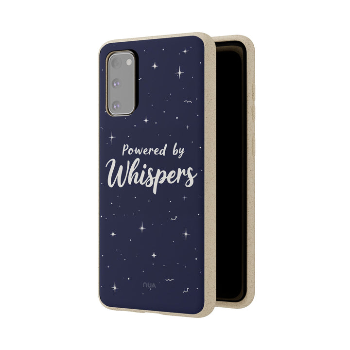 Eco-friendly Samsung case featuring 'Powered by Whispers' design, biodegradable and vibrant for sustainable style.