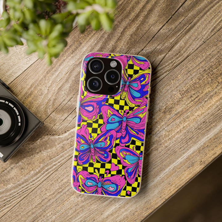 Eco-friendly iPhone case with vibrant butterfly design, perfect for adding a pop of color. Durable for iPhone and Samsung models.