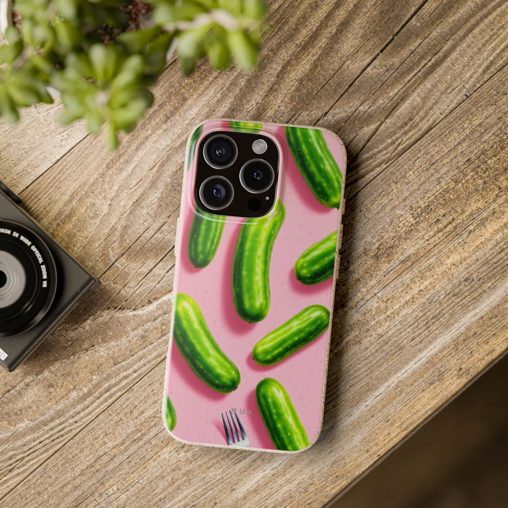 Eco-friendly iPhone case with pickle design, frosted finish; stylish & durable, made of PLA plant polymer, Magsafe® compatible.