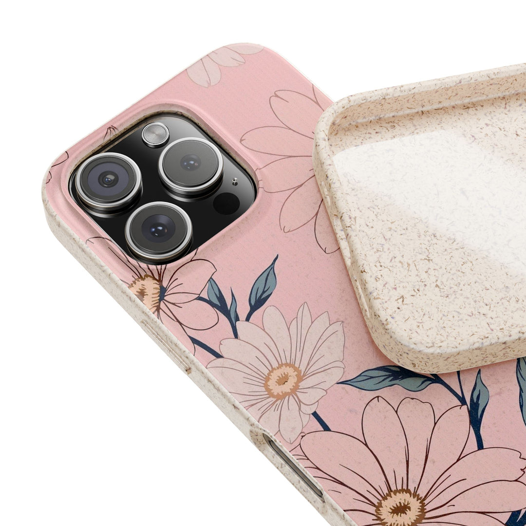 Pink eco-friendly floral phone case for iPhone & Samsung, offering stylish protection with a matte finish. Durable & planet-friendly.