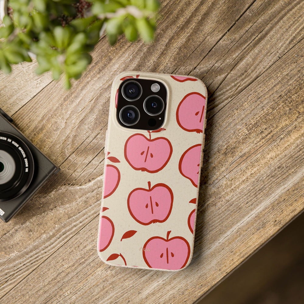 Eco-friendly Pink Apple Delight iPhone Case with playful pink apples on creamy background, fits many iPhone and Samsung models.