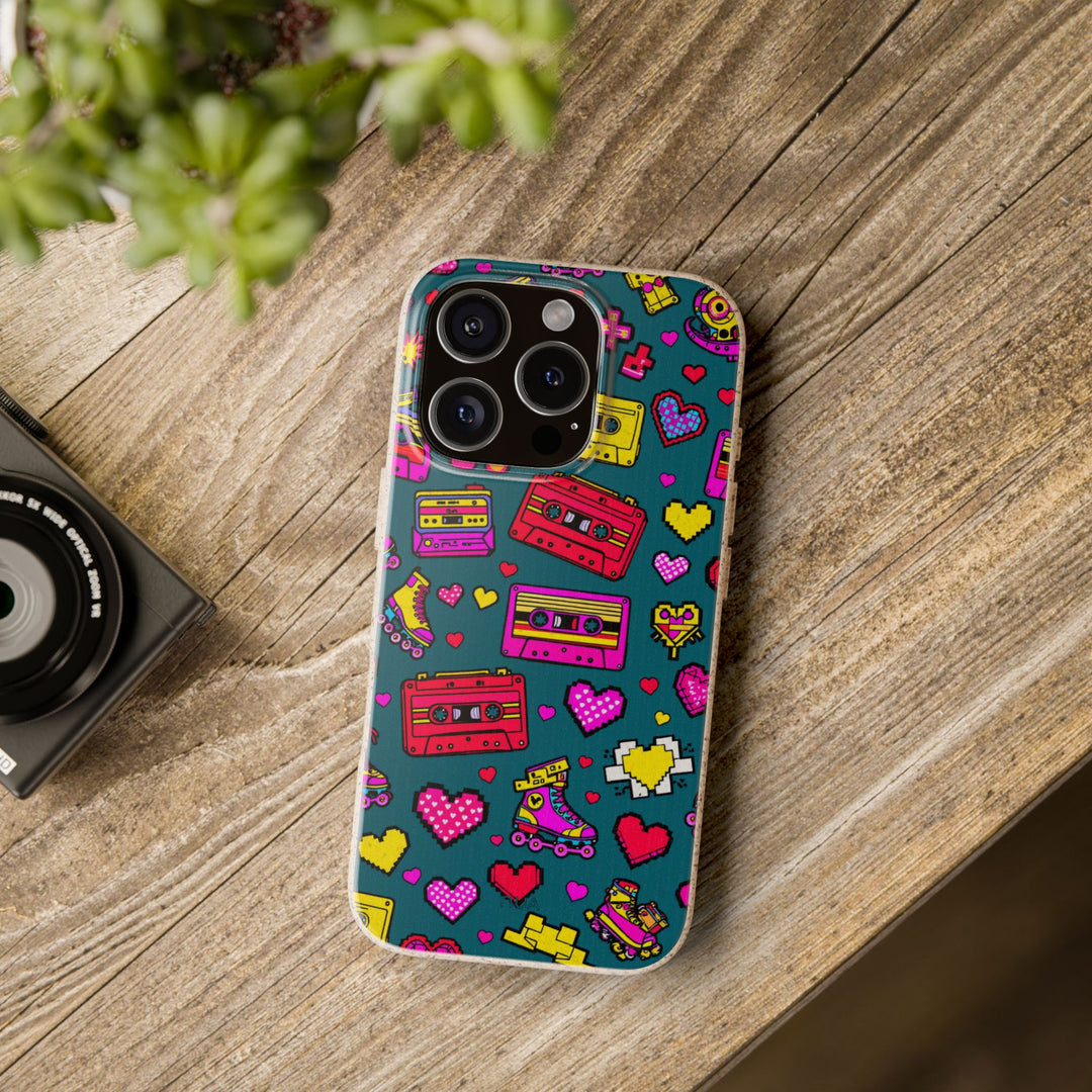 Eco-friendly iPhone case with retro cassette tapes and roller skates design, perfect for many iPhone and Samsung models. Durable and stylish.