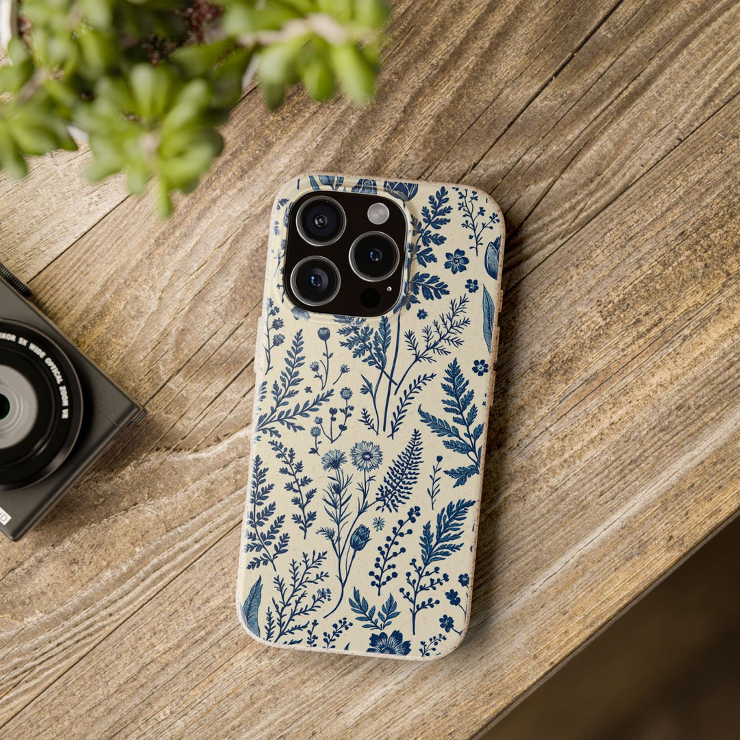 Eco-friendly phone case with blue floral design, made from PLA plant polymer and bamboo fiber, fits many iPhone and Samsung models.