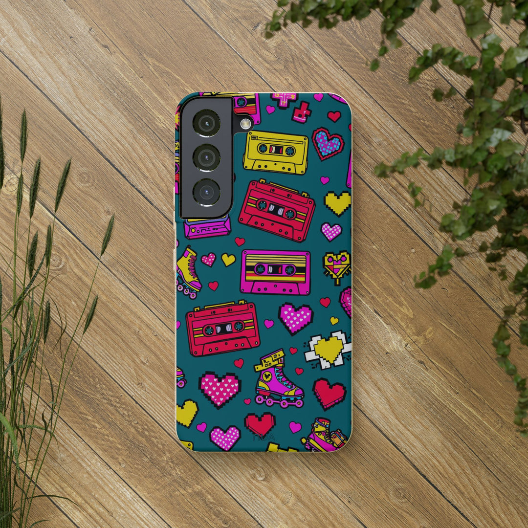 Eco-friendly Samsung phone case with retro cassette and roller skate design on wooden background, vibrant and durable protection.
