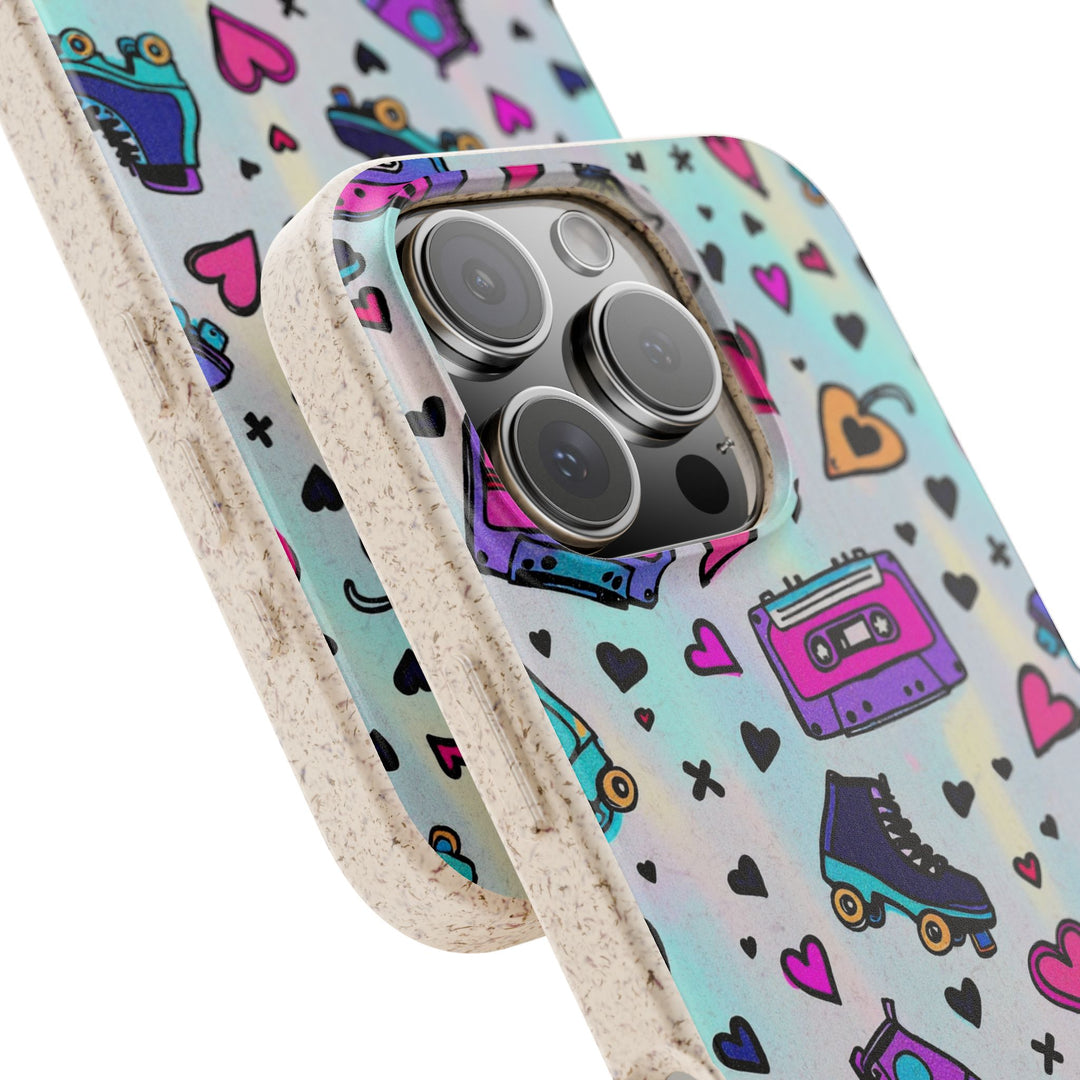 Alt Tag: Eco-friendly iPhone case with retro roller skate design, vibrant colors, and durable protection for active lifestyles.