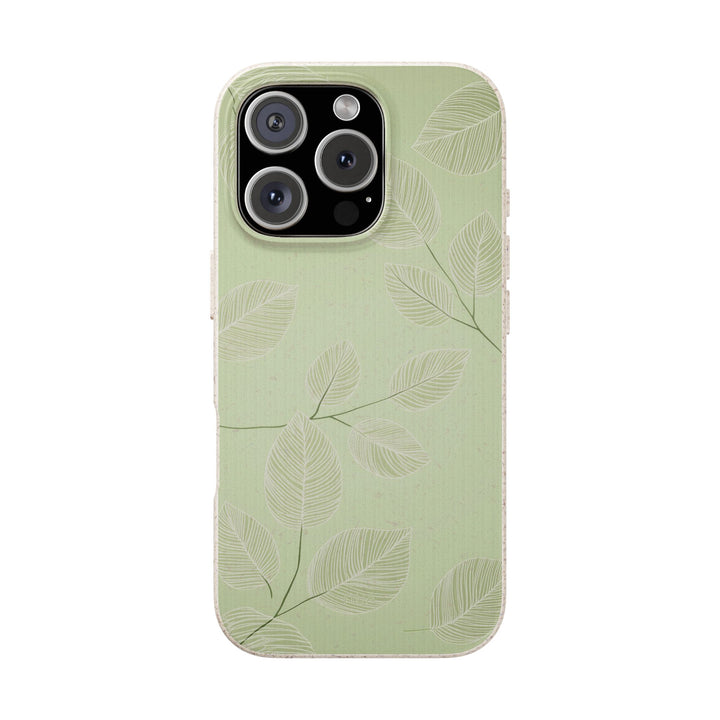 Eco-friendly green iPhone case with leaf design, made from biodegradable materials, fits many iPhone and Samsung models.