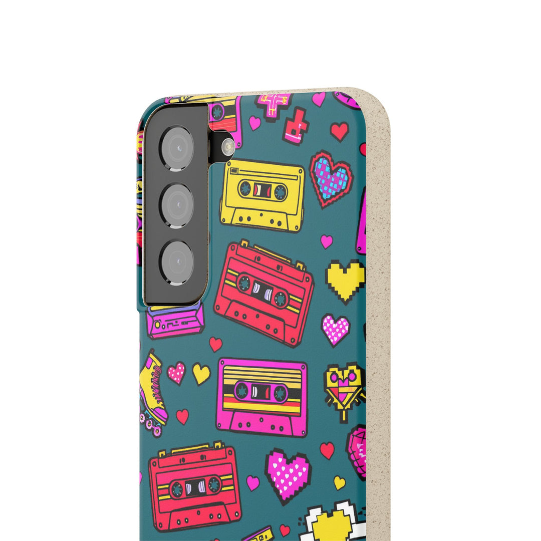 Eco-friendly Samsung case with retro cassette and roller skate design, biodegradable and durable for many models.