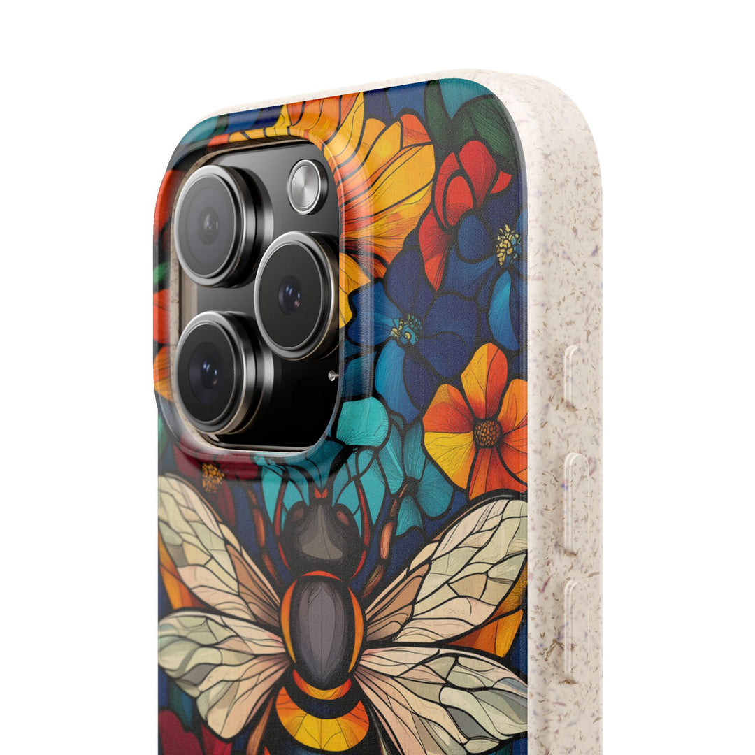 Eco-friendly iPhone case with vibrant bee and floral design, perfect for nature lovers. Durable and biodegradable for many phone models.