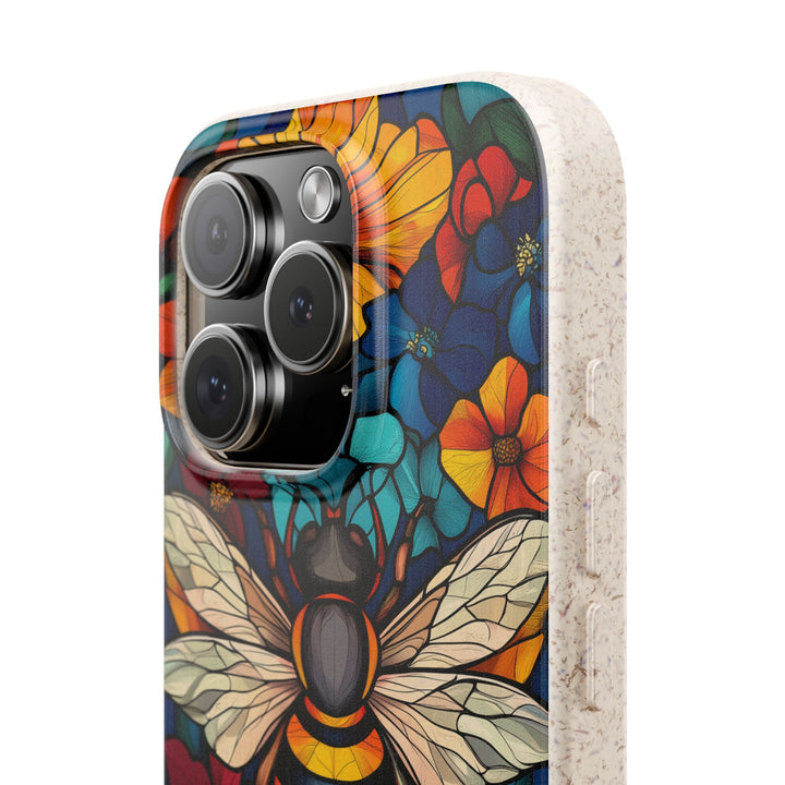 Eco-friendly iPhone case with vibrant bee and floral design, perfect for nature lovers. Durable and biodegradable for many phone models.