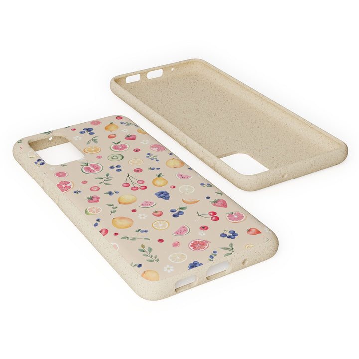 Eco-friendly Samsung case with vibrant fruit garden design, made of PLA and bamboo, fits many models. Perfect for nature lovers.