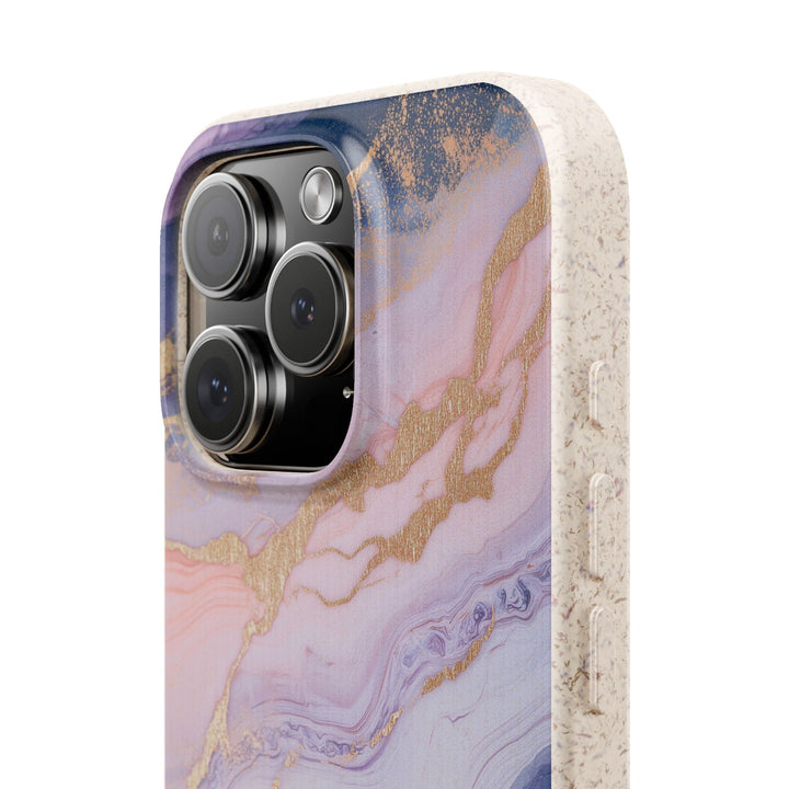 Eco-friendly lavender marble pattern phone case for iPhone and Samsung, showcasing vibrant colors and durable design.