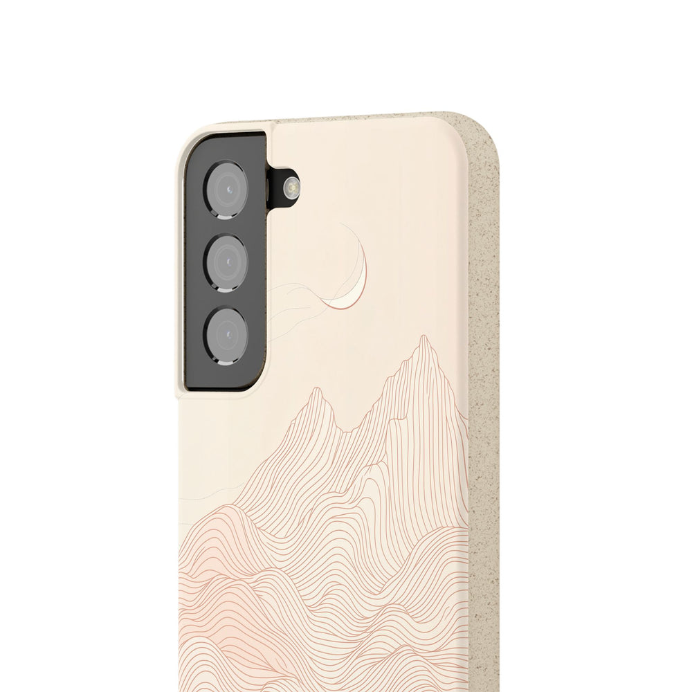 Eco-friendly Samsung phone cover with line art mountain design, highlighting nature sustainability, perfect for hikers and environmentalists.