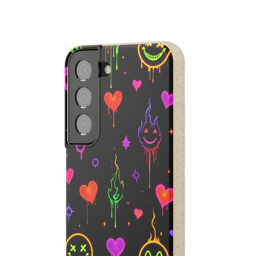 Neon mood Samsung case with vibrant eco-friendly, durable design for multiple models, featuring fun heart and flame prints.