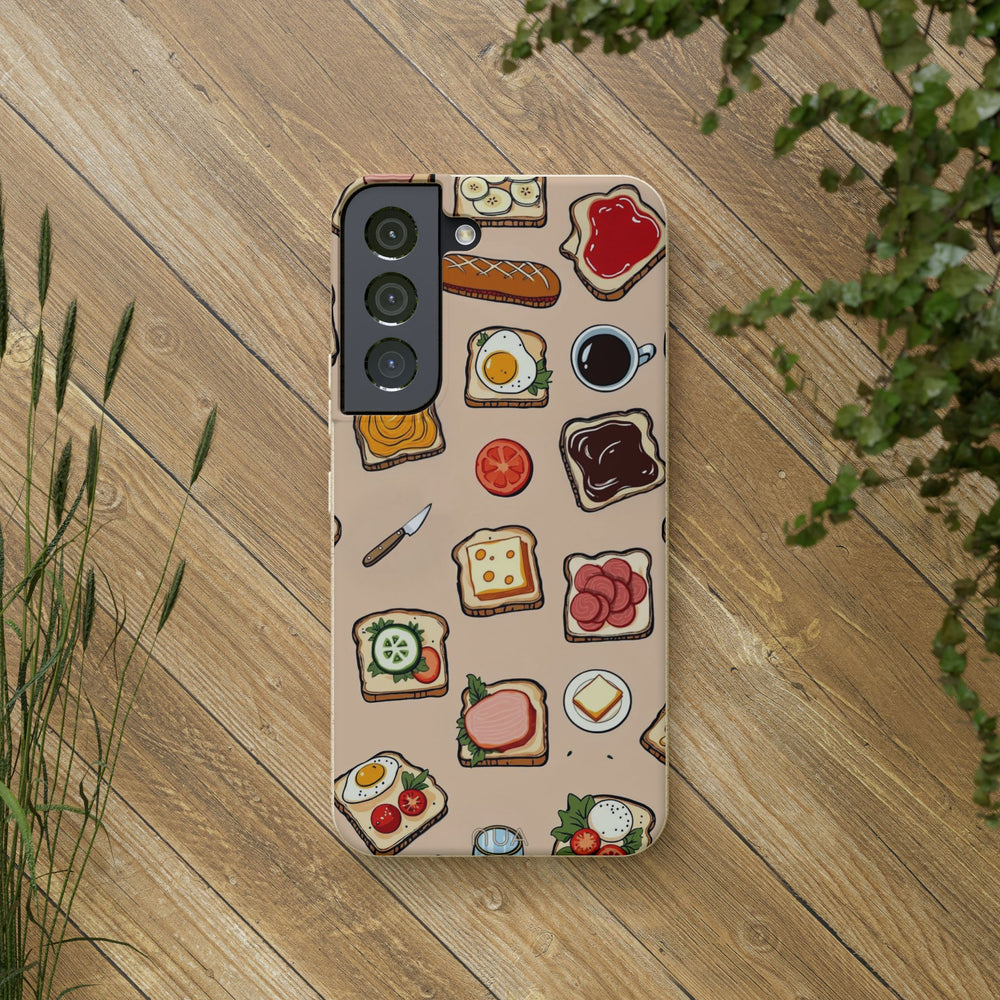 Eco-friendly Samsung phone case with vibrant food design, featuring toast toppings. Durable cover for foodies, Magsafe® compatible.