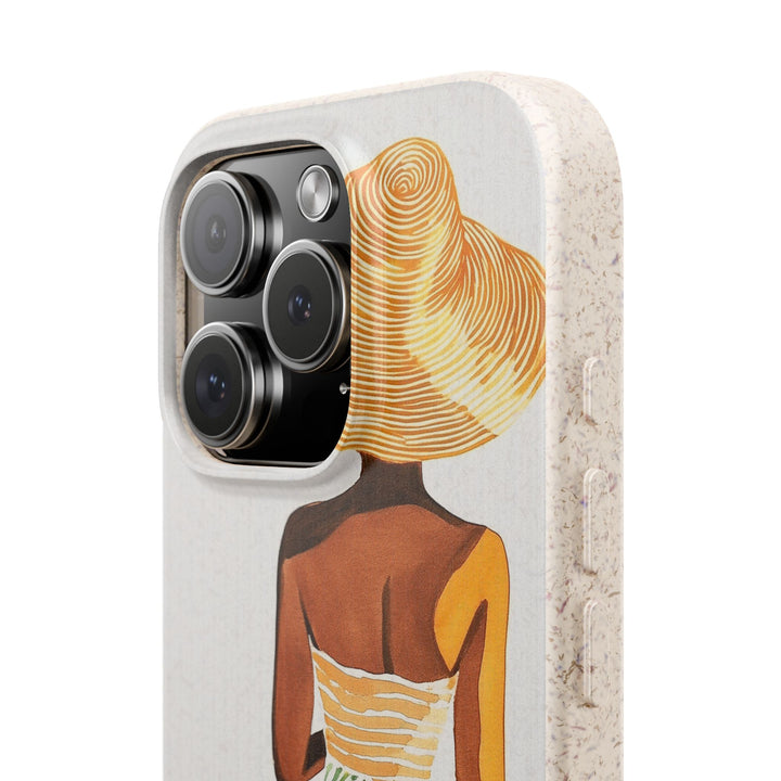 Eco-friendly iPhone case with a summer vibe design, featuring a woman in a sun hat, compatible with many iPhone and Samsung models.