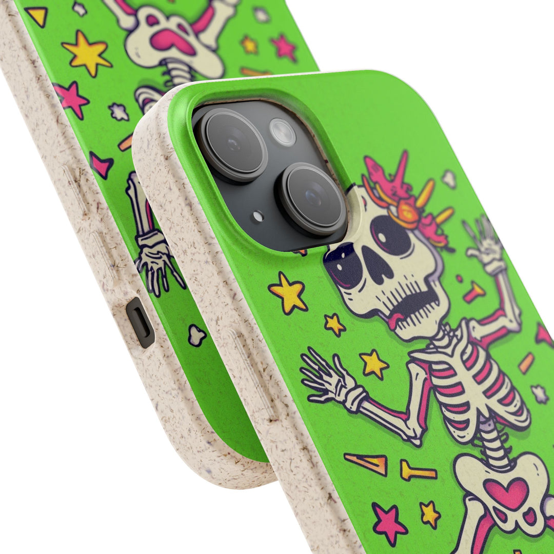 Eco-friendly biodegradable phone case with fun skeleton design for iPhone and Samsung models, perfect for Halloween and sustainable living.