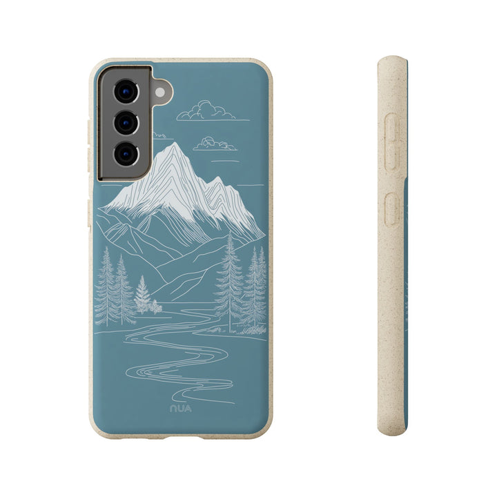 Eco-friendly Samsung case with white mountain line art on blue, durable protection for many models. Perfect for nature lovers.