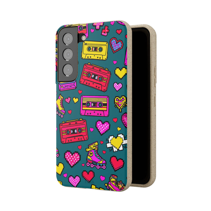 Eco-friendly Samsung case with colorful cassette tapes and roller skates, offering durability and style for many models.