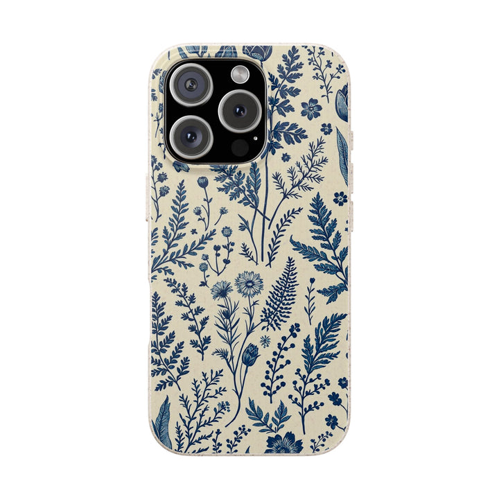 Eco-friendly phone case with blue nature-inspired design for iPhone and Samsung models. Durable and stylish, crafted from PLA and bamboo fiber.