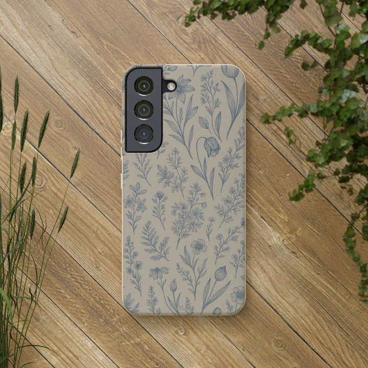 Eco-friendly Samsung phone case with floral design on wood background, durable and compatible with many models, promotes sustainability.