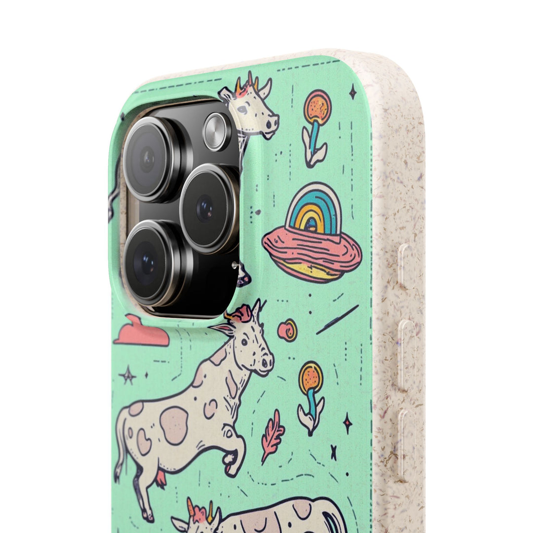 Eco-friendly iPhone case with playful cow and rainbow design, compatible with many models, perfect for sustainable style lovers.