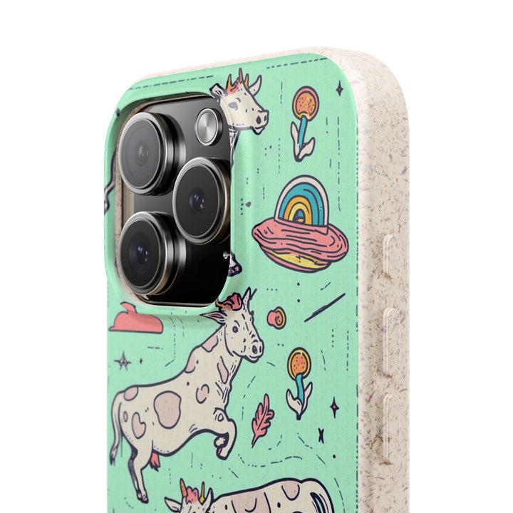 Eco-friendly iPhone case with playful cow and rainbow design, compatible with many models, perfect for sustainable style lovers.