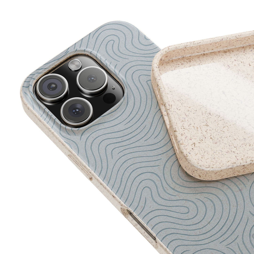 Eco-friendly phone case with abstract wave design, vibrant colors, and matte finish for iPhone and Samsung models.