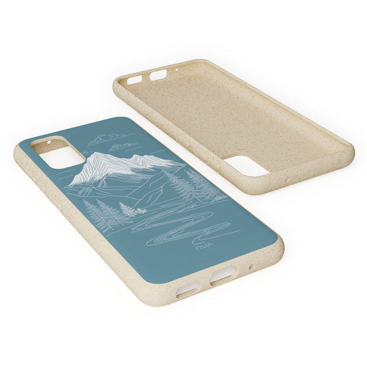 Eco-friendly Samsung case with white mountain line art on blue, featuring flexible and durable PLA material, fits many phone models.