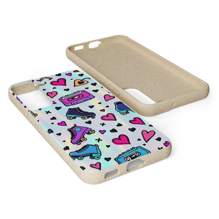 Eco-friendly Samsung case with retro roller skate design, featuring colorful hearts and patterns, perfect for skaters and music lovers.