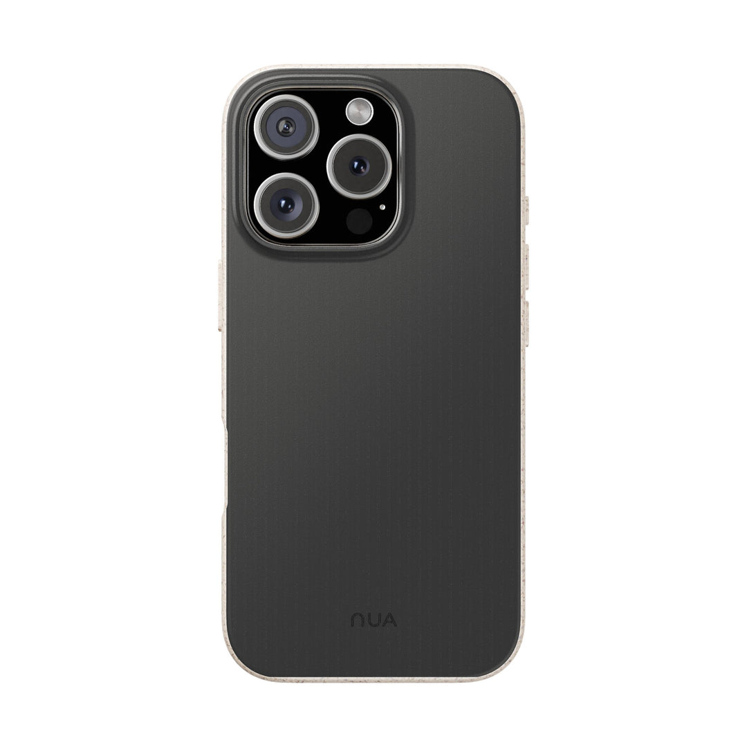 Sleek black eco-friendly phone case for iPhone or Samsung, showcasing sustainable design with a chic modern style.