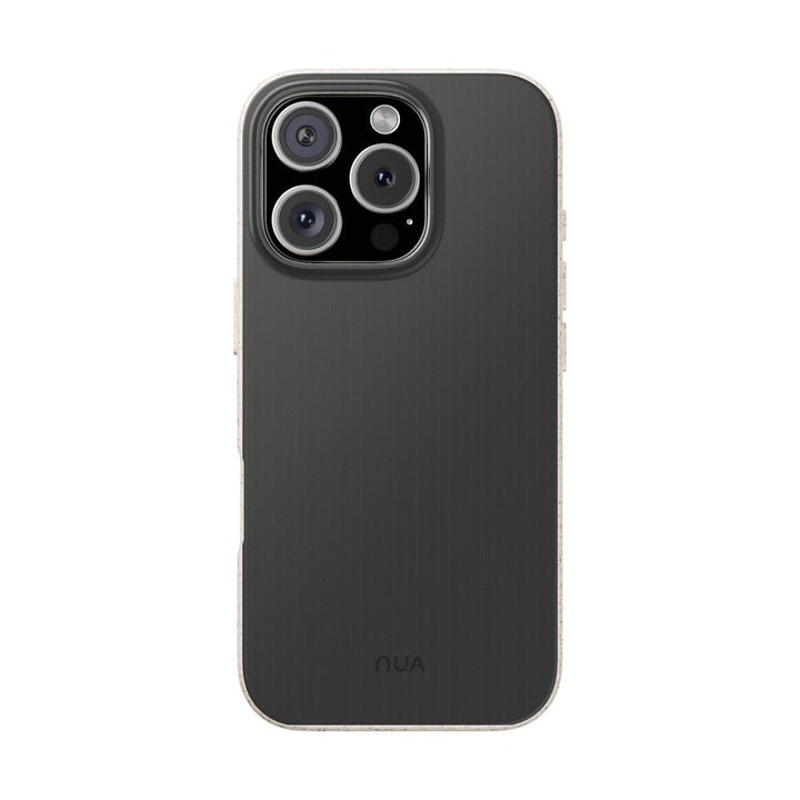 Sleek black eco-friendly phone case for iPhone or Samsung, showcasing sustainable design with a chic modern style.