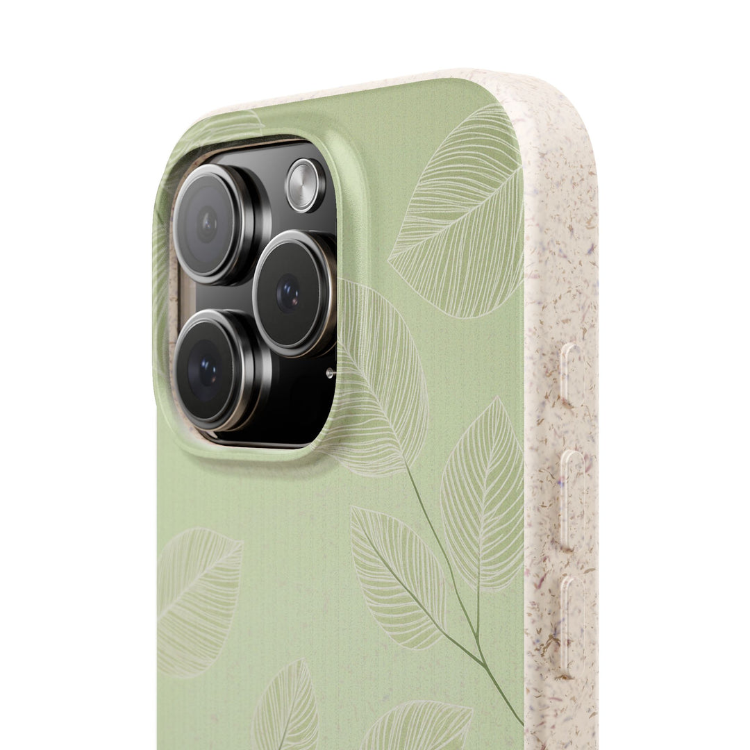 Green eco-friendly iPhone case with leaf design, made from biodegradable materials, compatible with many iPhone and Samsung models.