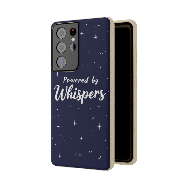Eco-friendly Samsung case with "Powered by Whispers" design; biodegradable, vibrant colors, fits many iPhone and Samsung models.