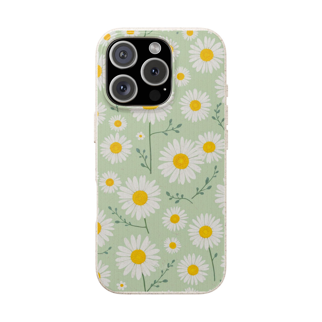 Eco-friendly daisy phone case with biodegradable floral design for iPhone and Samsung, vibrant colors, durable, sustainable choice.