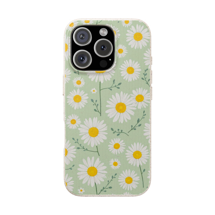 Eco-friendly daisy phone case with biodegradable floral design for iPhone and Samsung, vibrant colors, durable, sustainable choice.