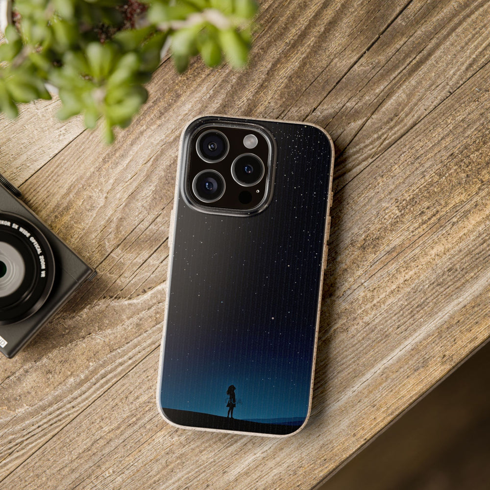Eco-friendly Stargazing Dreams Phone Case on wooden table, fits iPhone and Samsung models, ideal gift for stargazers.