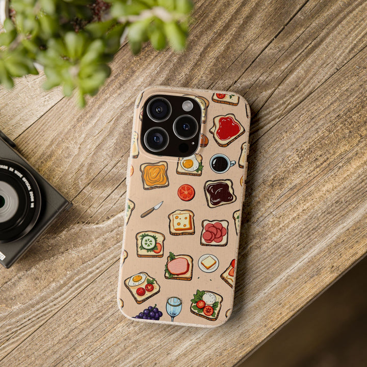 Eco-friendly food design phone case with toast prints on a wooden table, durable for iPhone and Samsung models, vibrant colors.