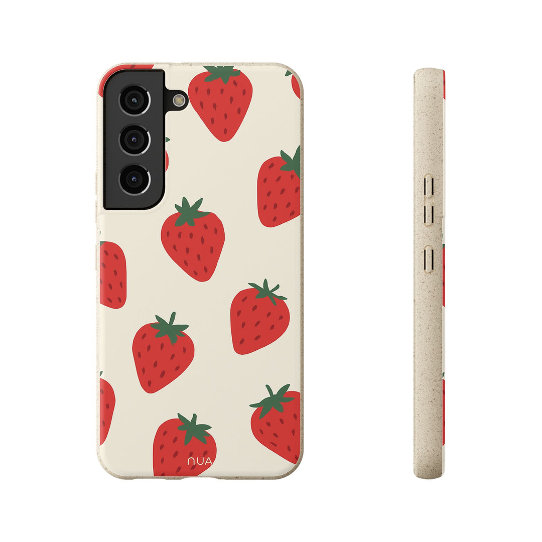 Eco-friendly Samsung case with vibrant strawberry design, perfect for summer lovers seeking durable, biodegradable phone protection.
