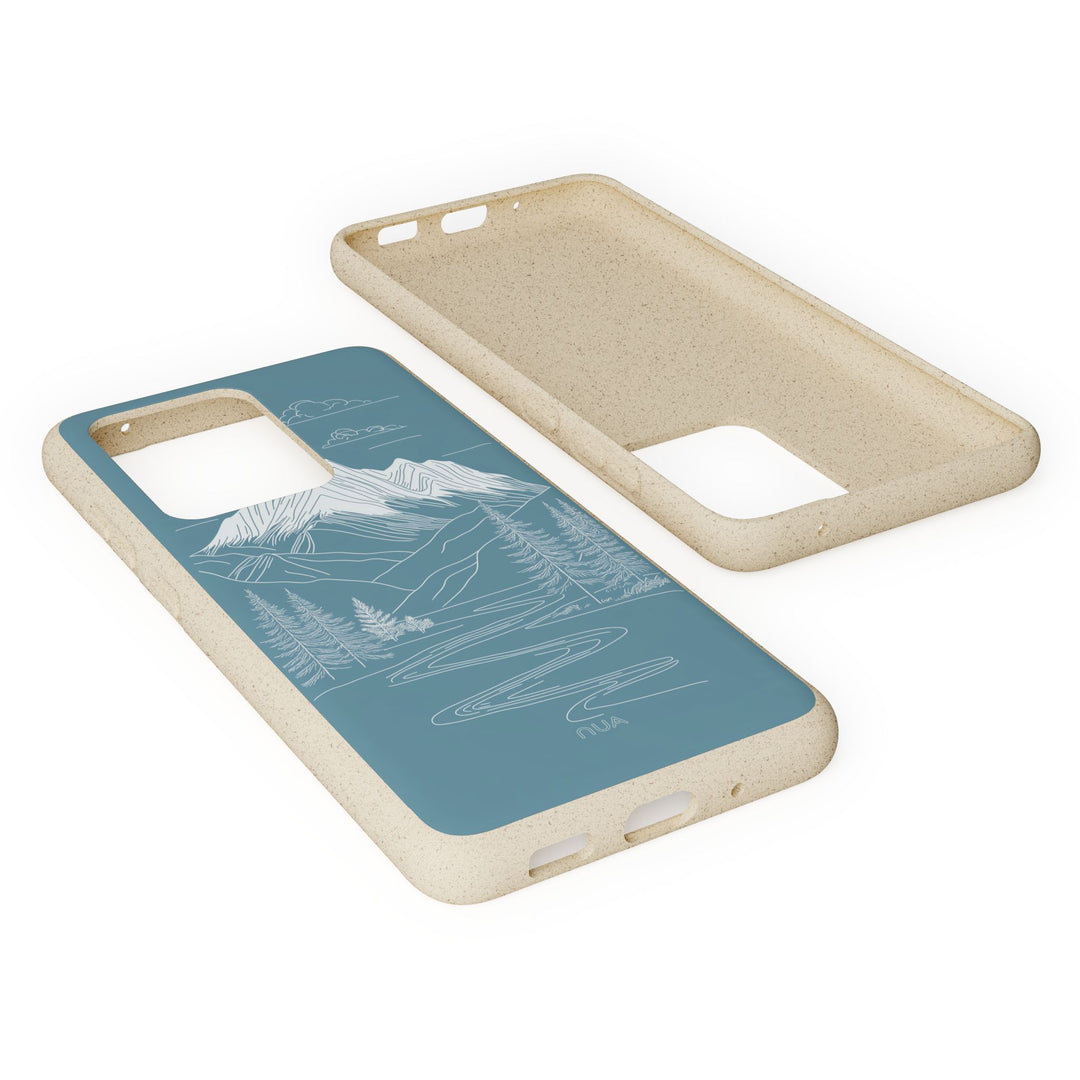 Eco-friendly Samsung case with white minimalist mountain art on blue, offering durability and sustainability for many phone models.