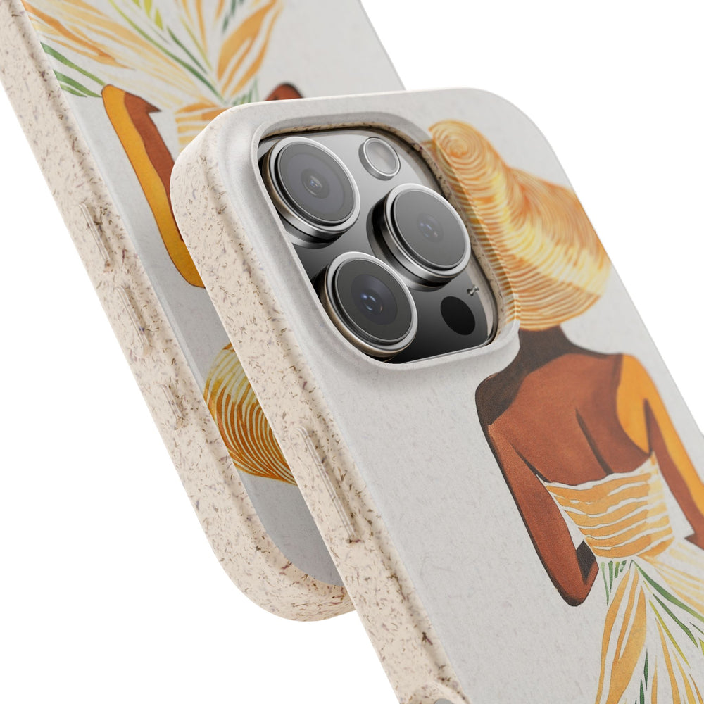 Eco-friendly iPhone case with summer design, biodegradable materials, fits many iPhone and Samsung models. Ideal for green living.