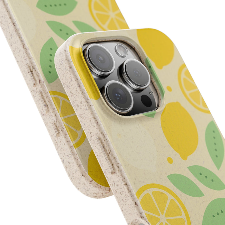 Eco-friendly Citrus Pop iPhone case in yellow and green, made from PLA and bamboo, Magsafe compatible for many iPhone models.