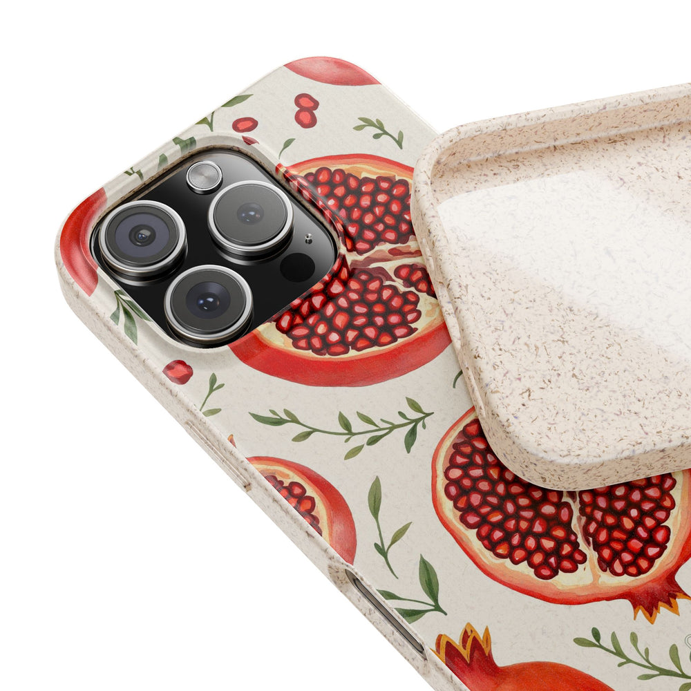 Eco-friendly vibrant pomegranate phone case for iPhone, made from PLA plant polymer, plastic-free, fits many iPhone and Samsung models.
