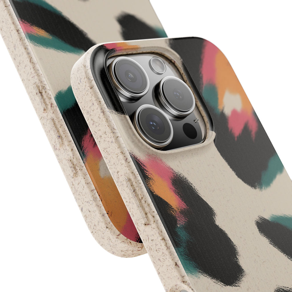 Leopard Blast Eco iPhone Case with colorful leopard design, eco-friendly, stylish, and durable phone case made from biodegradable materials.