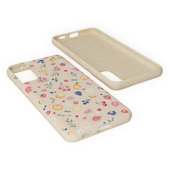 Stylish eco-friendly Samsung phone case with vibrant fruit garden design, made of biodegradable materials, perfect for summer.