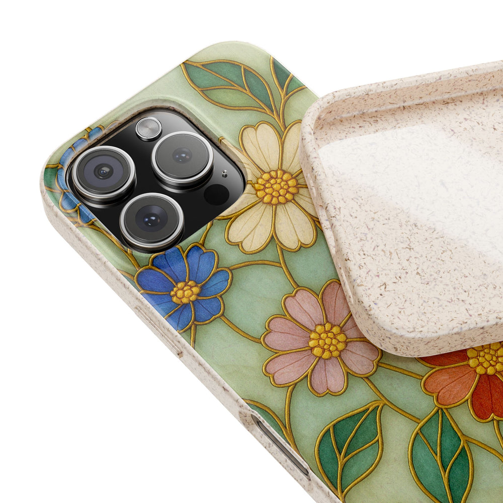 Eco-friendly Golden Garden stained glass iPhone cover with vibrant floral design, biodegradable and durable for many phone models.