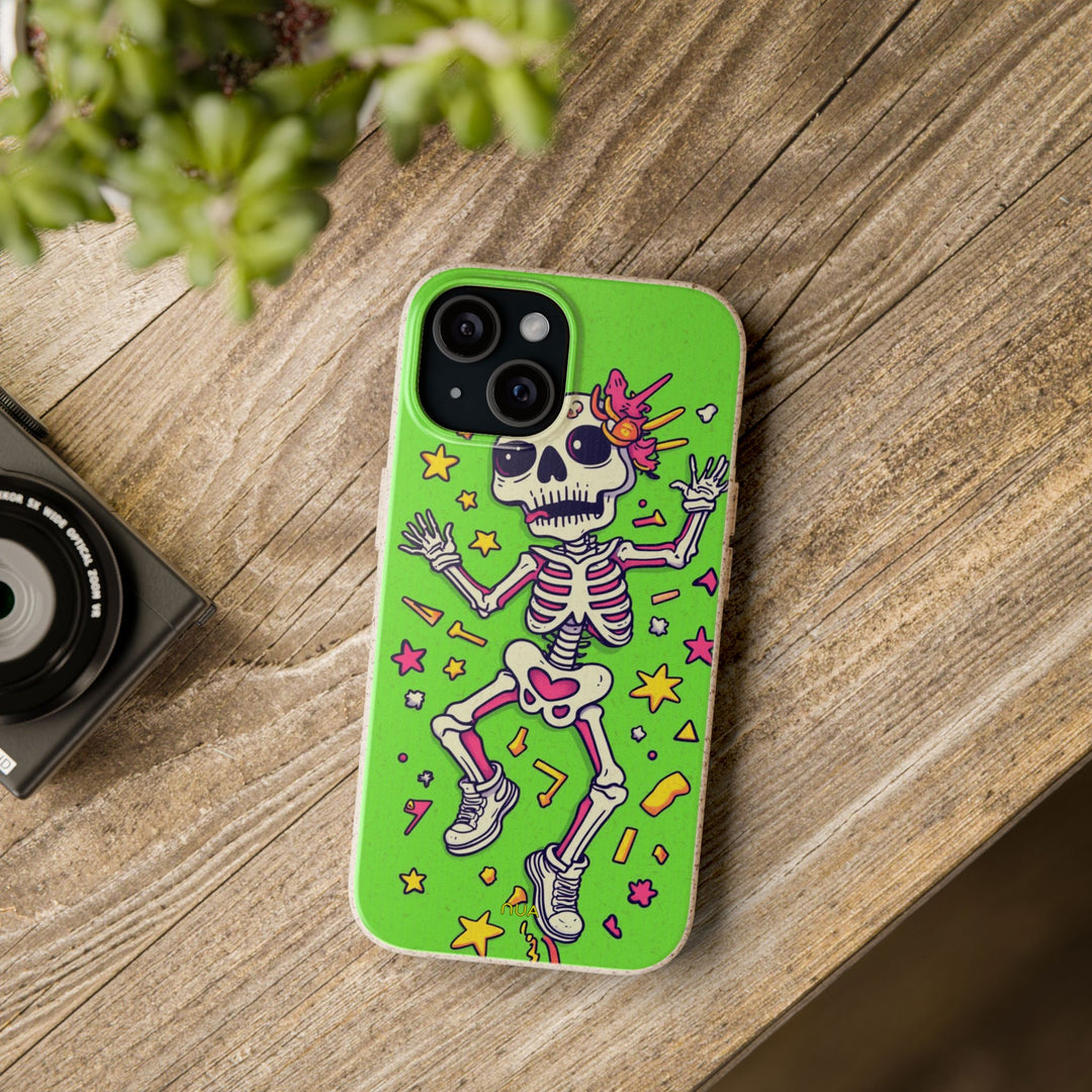 Eco-friendly phone case with vibrant skeleton design on table, fits many iPhone and Samsung models – perfect for Halloween.