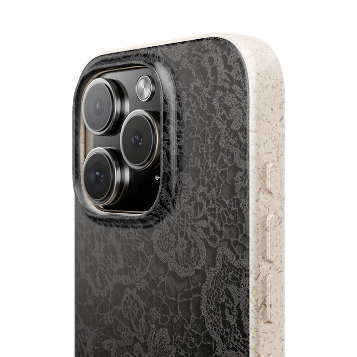 Noir Lace Midnight Elegance eco-friendly iPhone cover with textured lace design and durable build for many iPhone and Samsung models.