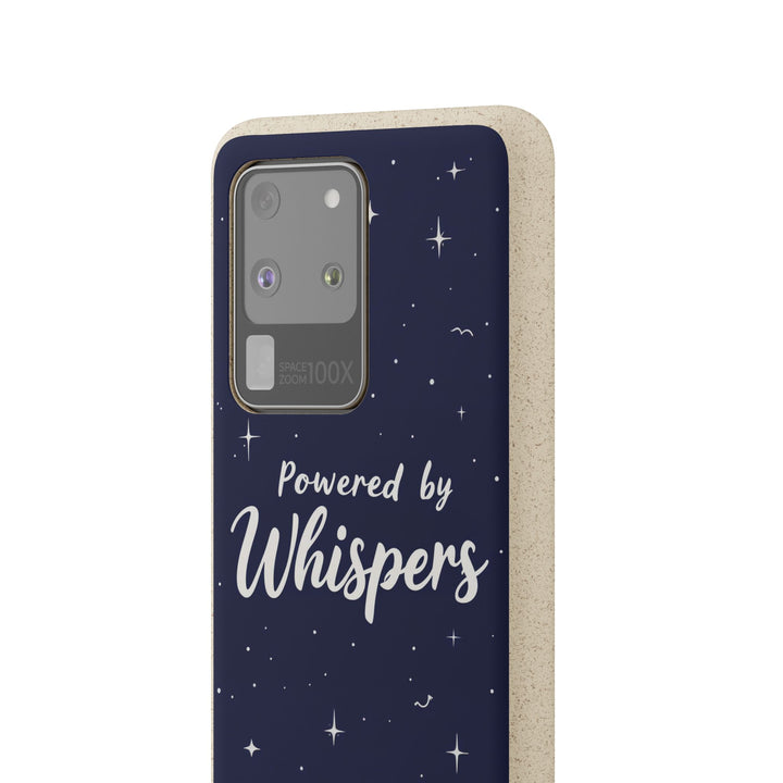 Eco-friendly Samsung phone case with "Powered by Whispers" design, biodegradable and stylish, fits many models.
