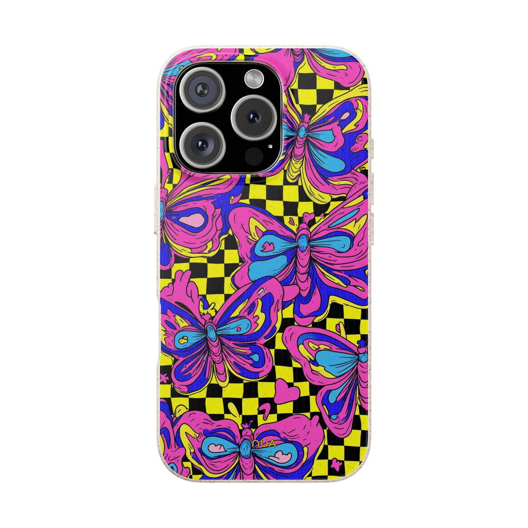 Vibrant eco-friendly iPhone case with colorful butterfly pattern, durable for many models, adding a fun pop to everyday style.
