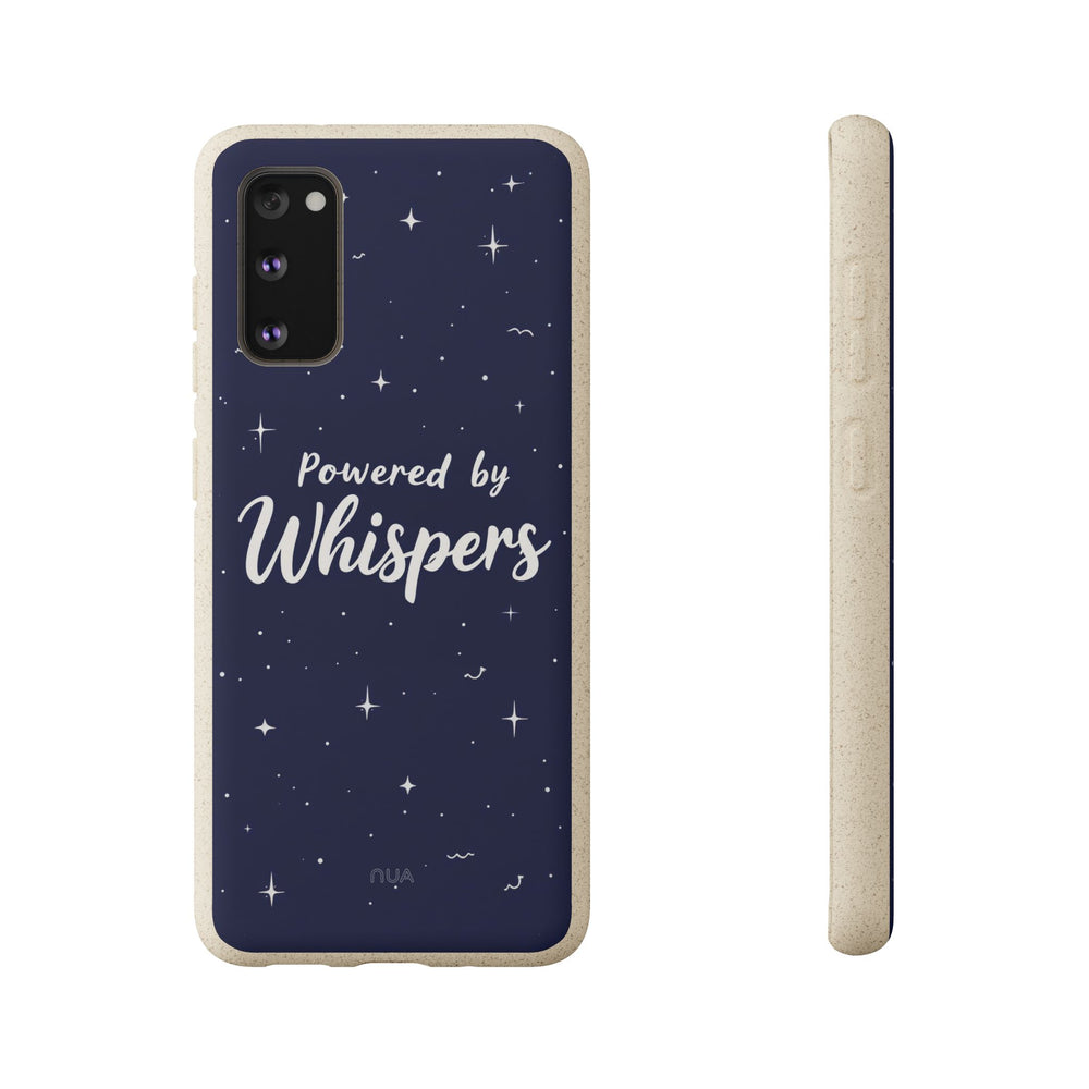 Eco-friendly Samsung phone case with "Powered by Whispers" design, featuring a biodegradable and durable build for various models.